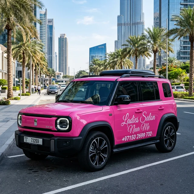 Ladies Salon Near Me branded pink Chery iCar beauty car in Dubai
